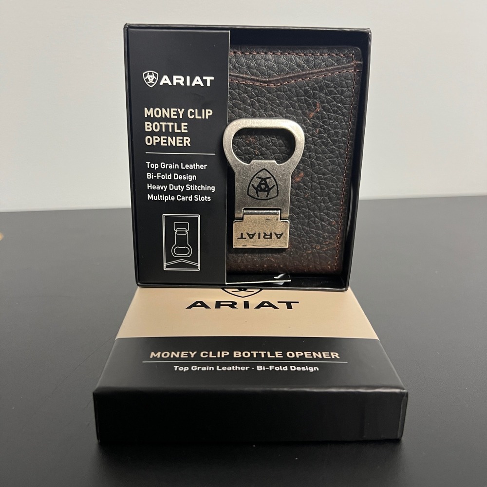 Ariat Mens Brown Top Grain Leather Bi-Fold Money Clip Wallet Bottle Opener NEW